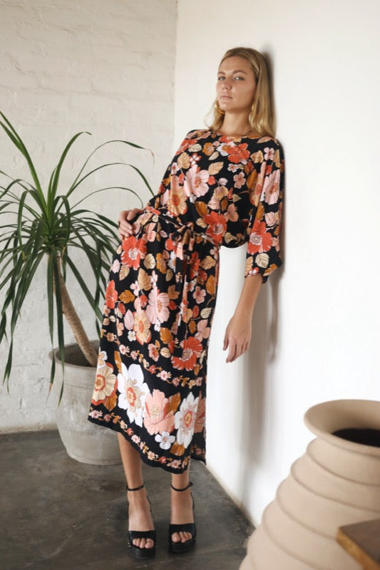 Rose L/S Midi Dress - Bordered Floral