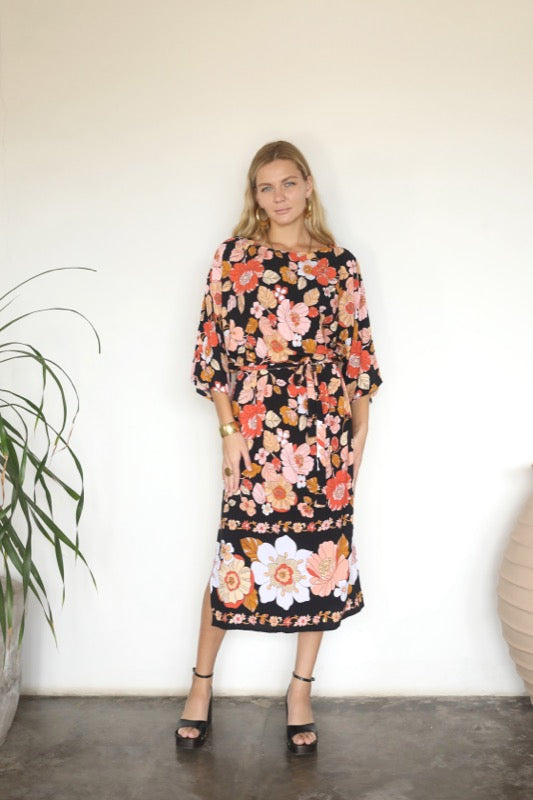 Rose L/S Midi Dress - Bordered Floral