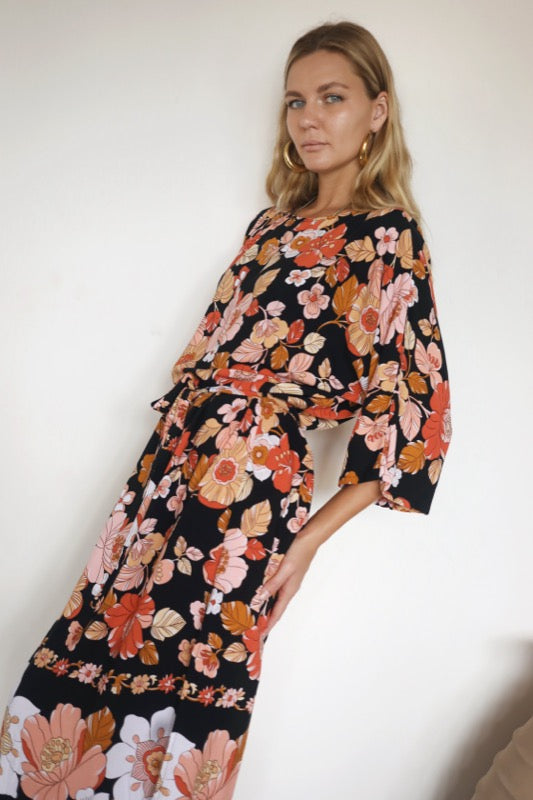 Rose L/S Midi Dress - Bordered Floral