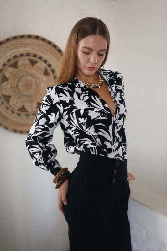 Joyce Blouse - B & W Floral