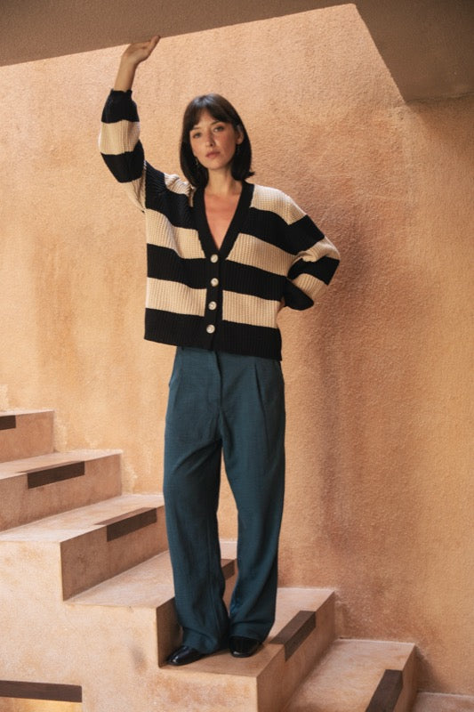 Tommy Cardigan - Beige & Black Stripe
