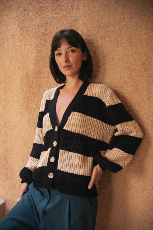 Tommy Cardigan - Beige & Black Stripe