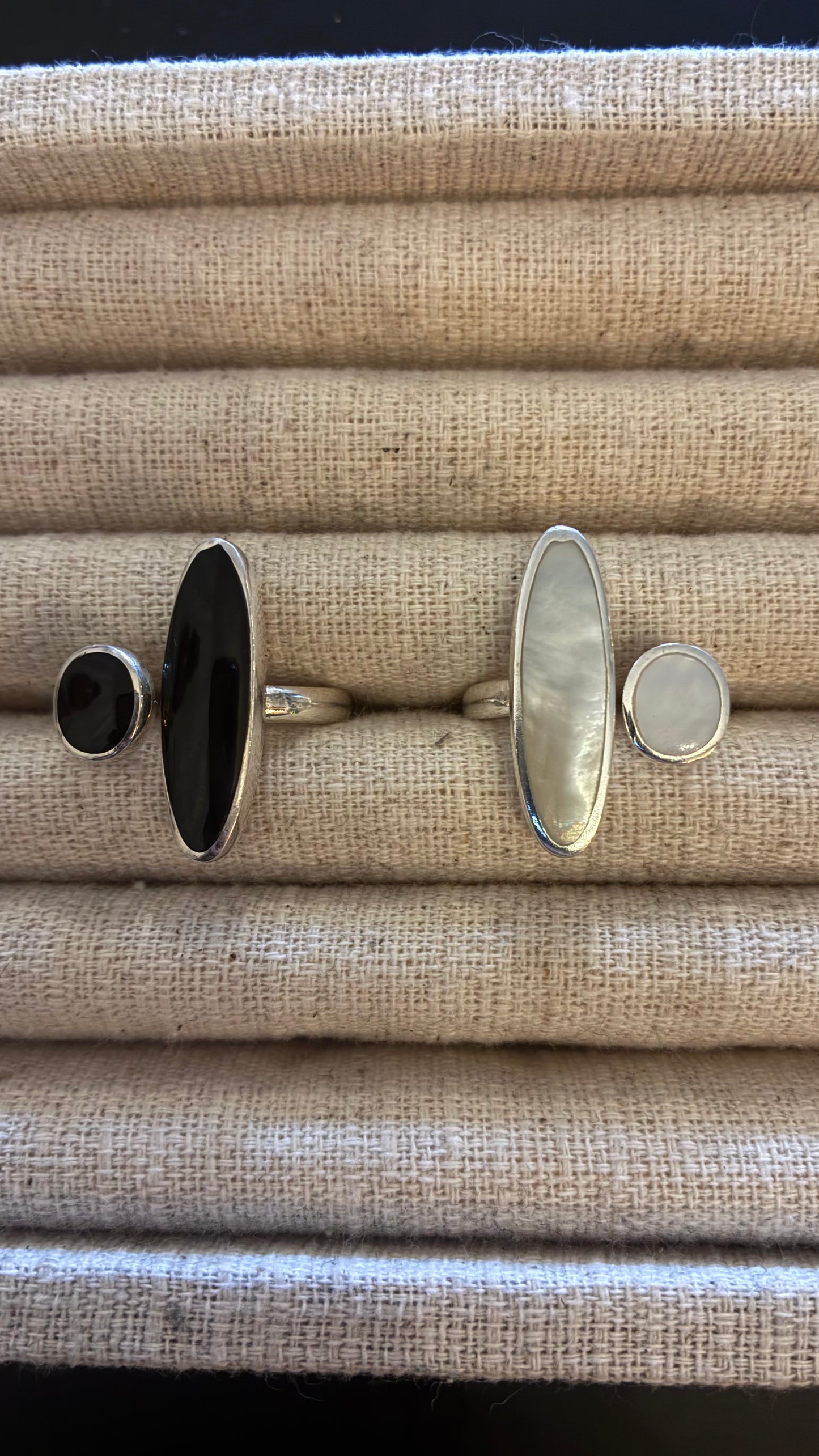 Oval & Round Silver Ring - Black & Moonstone