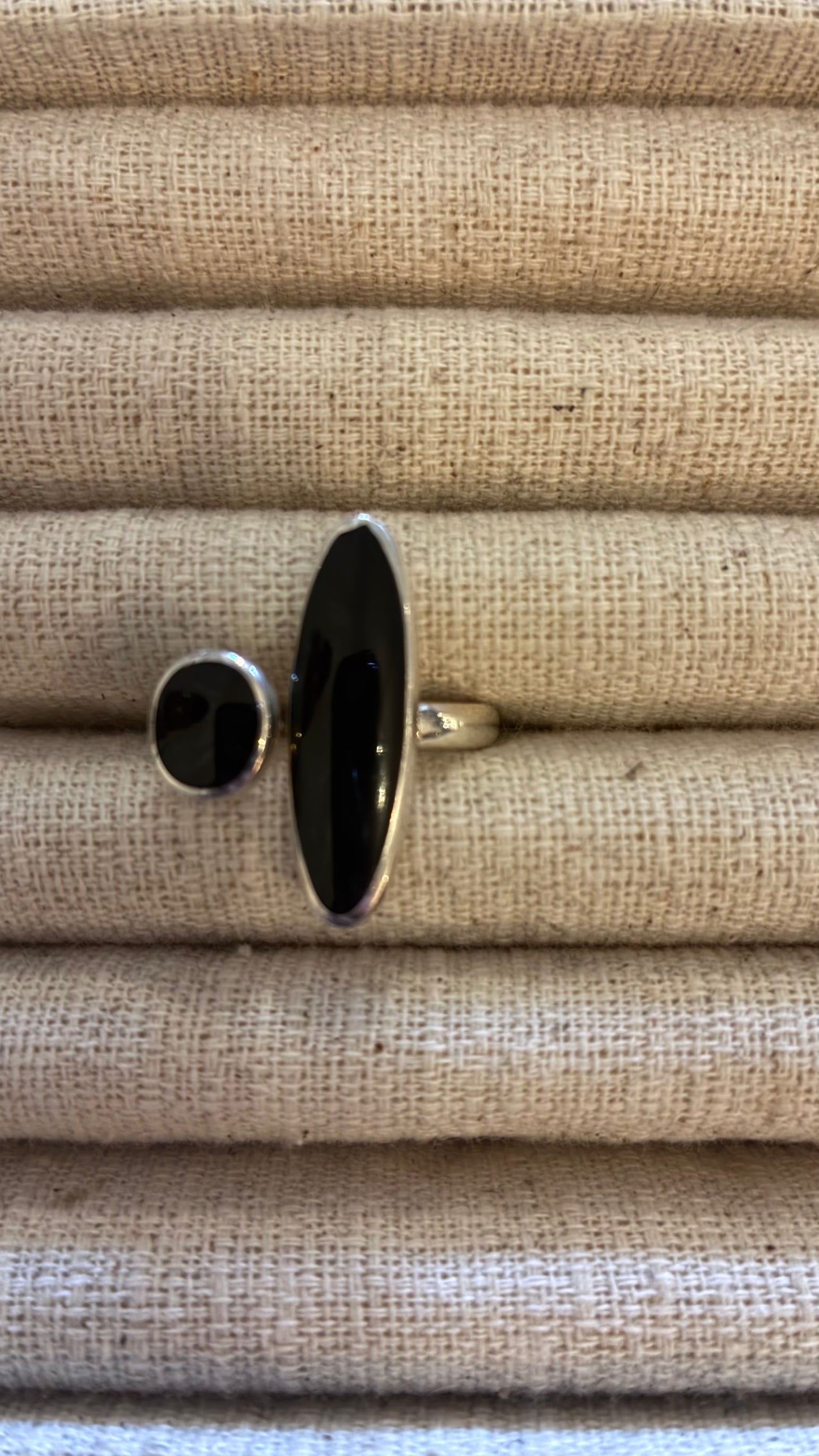 Oval & Round Silver Ring - Black & Moonstone