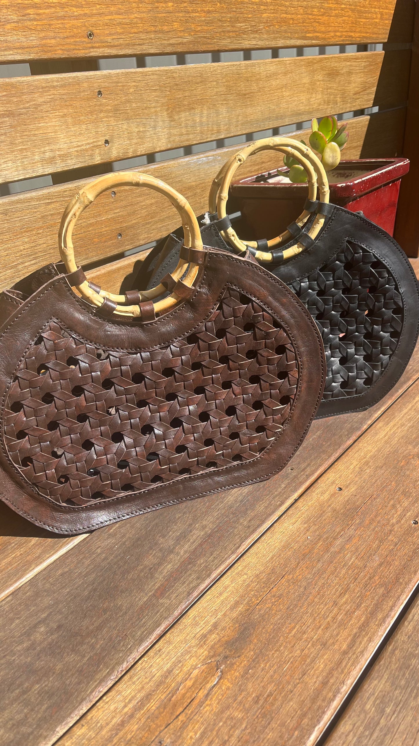 Rattan Leather Bag - Dark Brown