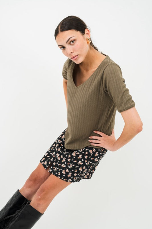 Candy V-Neck Top - Olive Rib