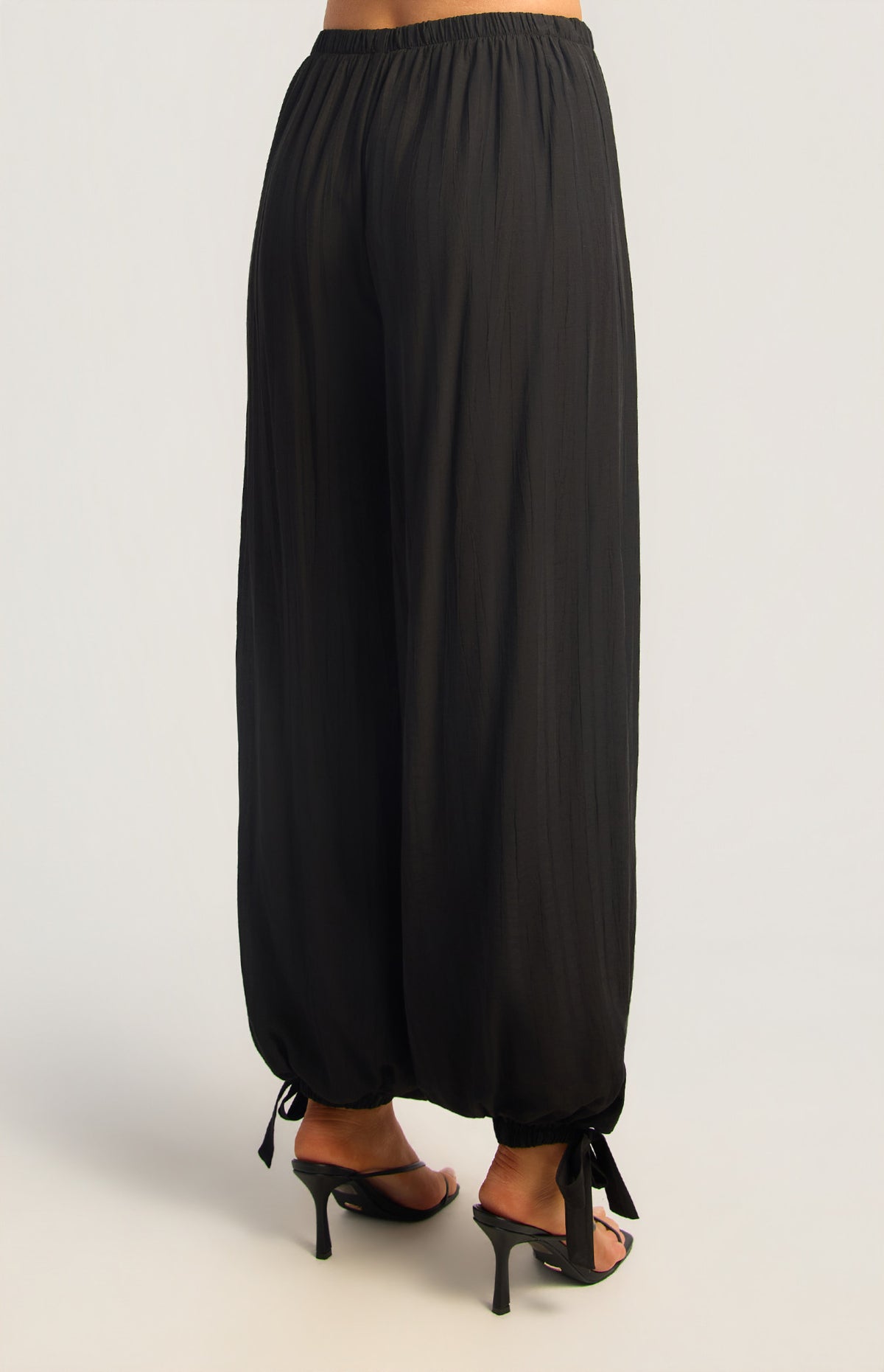 Textured Balloon Hem Pants with Side Tie Detail - Black