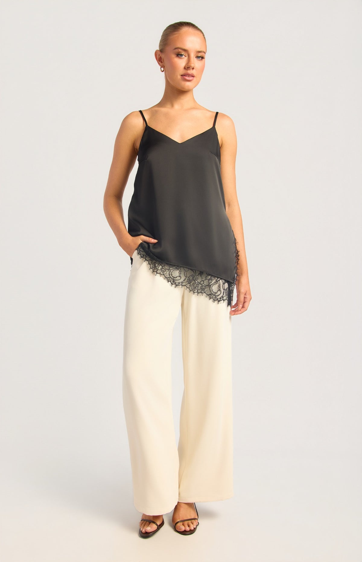 Asymmetric Lace Trim Cami - Black