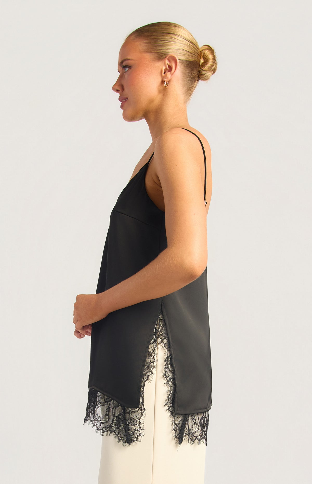 Asymmetric Lace Trim Cami - Black